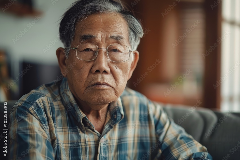 An elderly man wearing glasses sits quietly on a couch in a warmly lit living room, reflecting on memories while surrounded by comfort. An elderly man wearing glasses sits quietly on a couch in a warmly lit living room, reflecting on memories while surrounded by comfort.