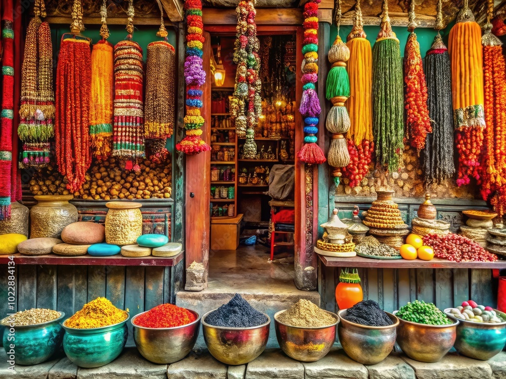 Fototapeta premium Vibrant Nepali Storefront Displaying Traditional Crafts, Spices, and Cultural Artifacts in Nepal