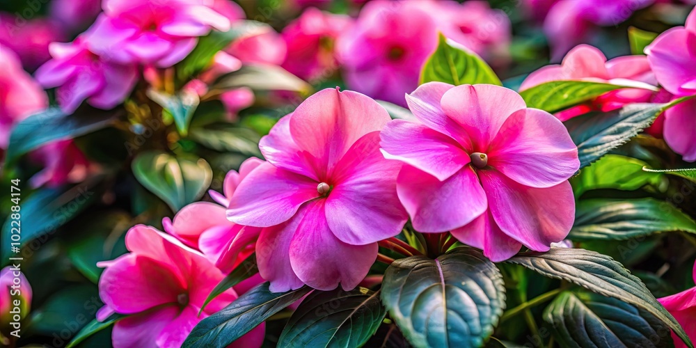 Vibrant New Guinea Impatiens Flowers in Soft Pink Blooming in a Lush Garden Setting Outdoors