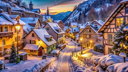 A Quaint Village Street Basking Under a Snowy Blanket, Illuminated by the Soft Glow of Streetlights, Where Cozy Homes Stand Proudly Amidst a Winter Wonderland