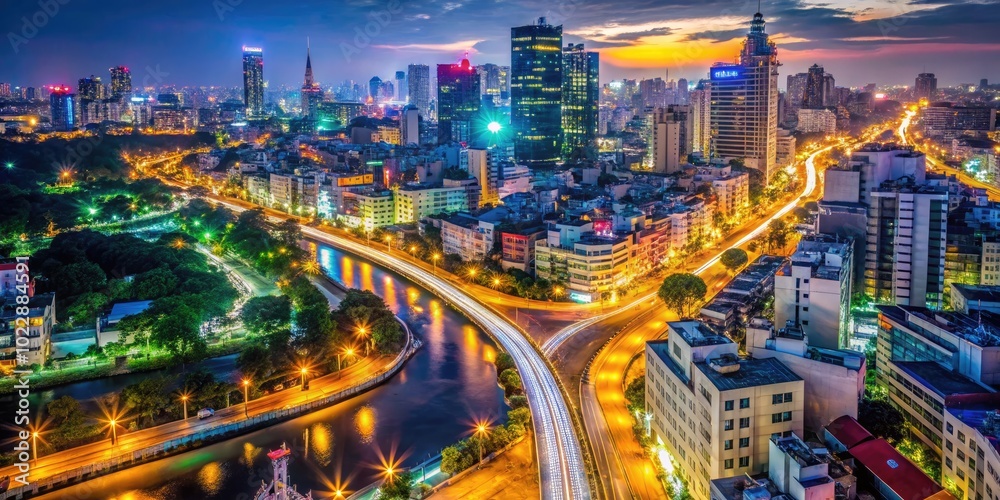 Obraz premium Vibrant Nightscape of Saigon: Illuminated Streets and City Lights Create a Lively Atmosphere