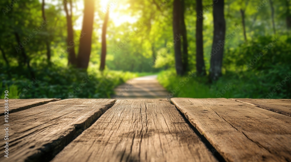 Sunlit forest path with wooden deck in the foreground, AI Sunlit forest path with wooden deck in the foreground, AI
