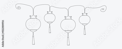 Continuous single-line art drawing of Chinese lanterns. Chinese new year theme line art background.	