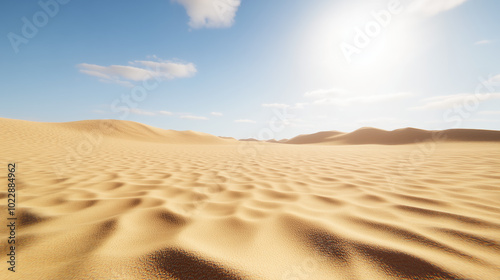 vast desert landscape with gentle sand dunes under bright blue sky and soft clouds. sunlight creates warm and inviting atmosphere, highlighting textures of sand photo