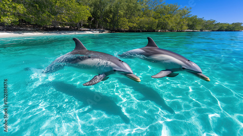 Dolphins swimming gracefully in clear turquoise waters, showcasing their playful nature against backdrop of lush greenery. scene captures beauty and serenity of marine life