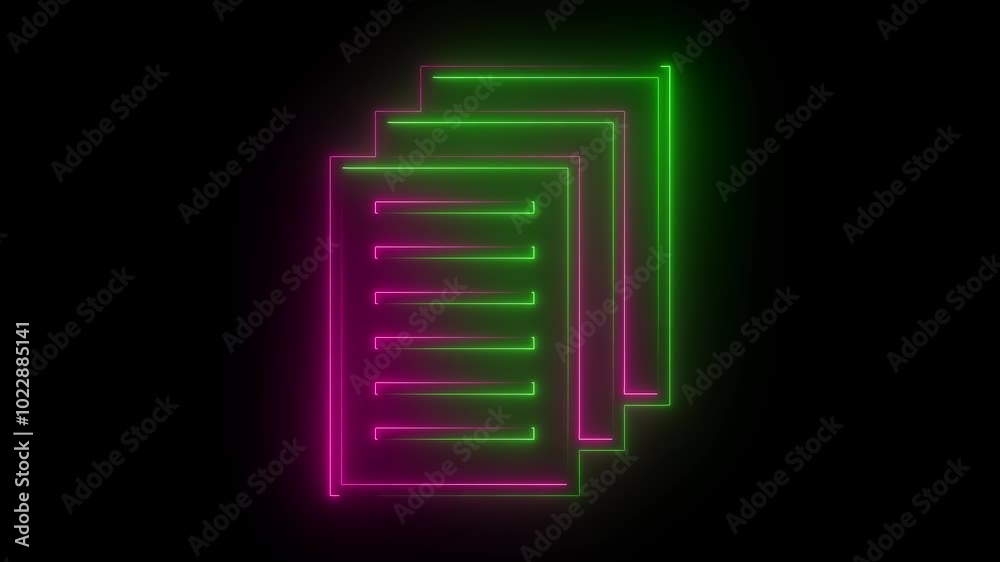 Neon glowing cyan page papers icon animation in black background Neon glowing cyan page papers icon animation in black background