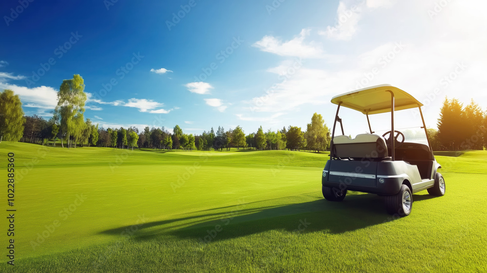 serene golf course scene featuring golf cart parked on lush green grass under bright blue sky. landscape is tranquil, perfect for day of golfing serene golf course scene featuring golf cart parked on lush green grass under bright blue sky. landscape is tranquil, perfect for day of golfing