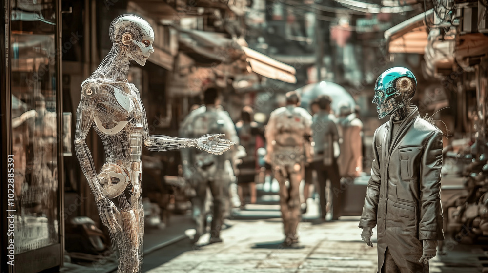 People in a futuristic sci-fi simulation world of androids, robots, cyborgs, biohacks, and avant-garde high-tech People in a futuristic sci-fi simulation world of androids, robots, cyborgs, biohacks, and avant-garde high-tech