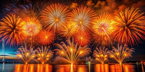 Vibrant Orange Fireworks Exploding in the Night Sky, Creating a Stunning Colorful Display of Lights photo