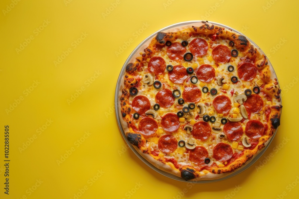 Delicious pepperoni pizza topped with olives on a vibrant yellow background Delicious pepperoni pizza topped with olives on a vibrant yellow background