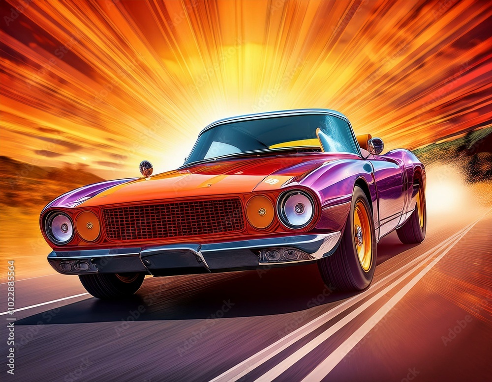 Obraz premium Retro race car on road and colorful background. Comic book style 
