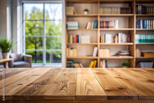 Empty wood table top blurred study room background