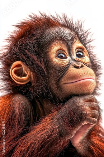 A cute baby orangutan, isolate on white background, radiating innocence and charm. photo