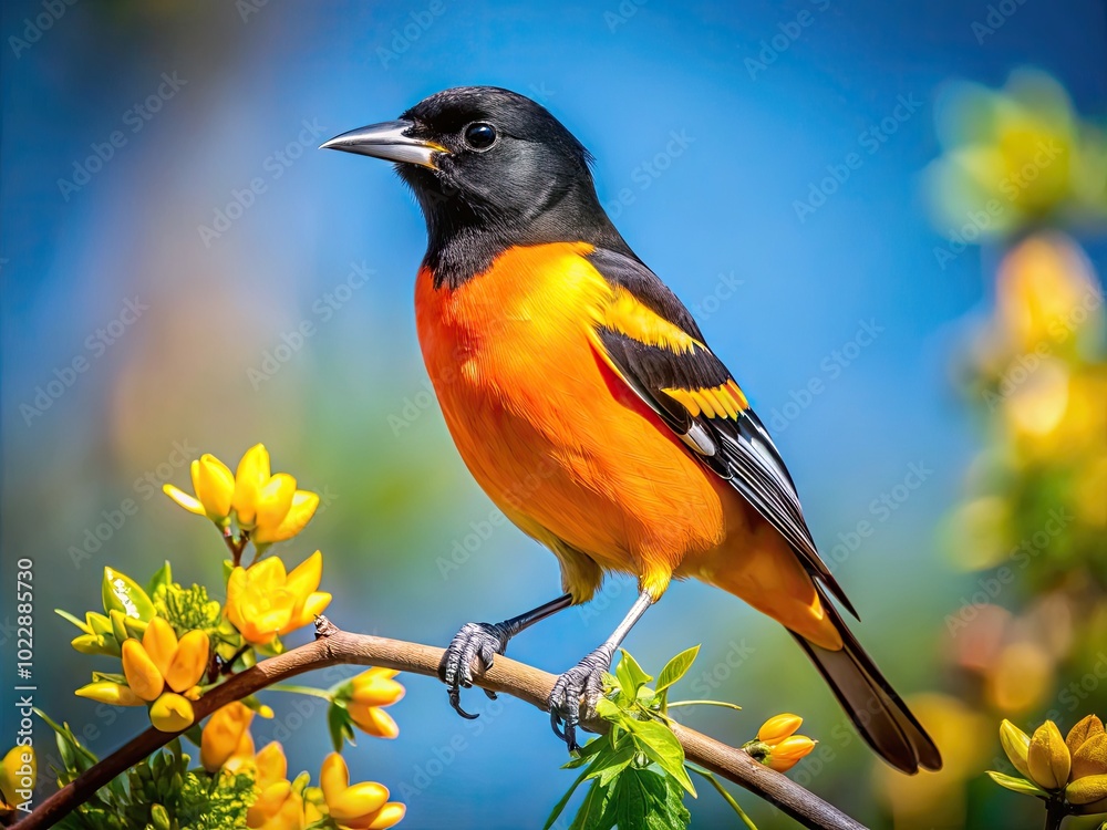 Fototapeta premium Vibrant Oriole Bird Perched on a Branch Against a Clear Blue Sky in a Natural Setting