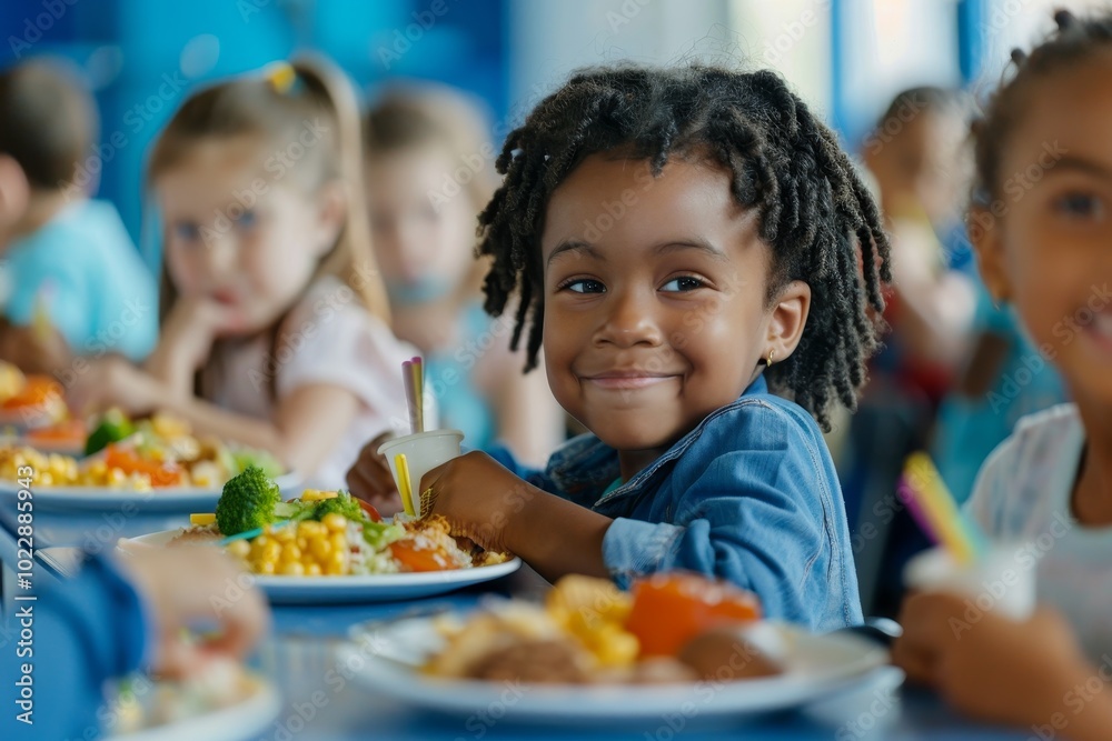 A group of happy children is seated in a vibrant cafeteria, sharing a nutritious lunch together, smiling and enjoying their meals with colorful foods on their plates. A group of happy children is seated in a vibrant cafeteria, sharing a nutritious lunch together, smiling and enjoying their meals with colorful foods on their plates.