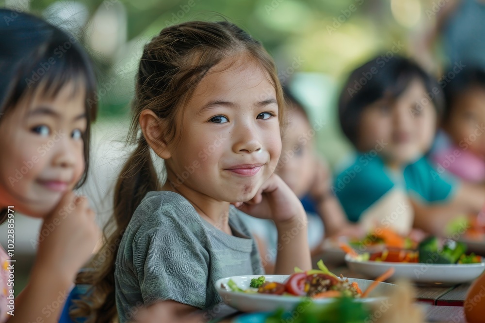 A group of children sits around a table in a park, smiling and enjoying colorful, nutritious meals filled with vegetables and fruits, creating a joyful atmosphere. A group of children sits around a table in a park, smiling and enjoying colorful, nutritious meals filled with vegetables and fruits, creating a joyful atmosphere.