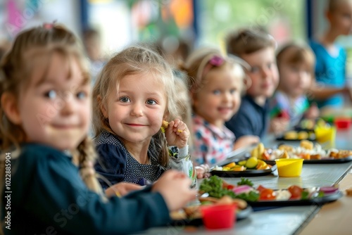 A group of cheerful children sit at a long table, smiling and engaged while enjoying a colorful, healthy lunch filled with various foods and vibrant decorations around them.