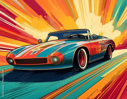 Retro race car on road and colorful background. Comic book style 