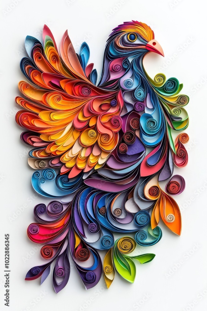 A multicolored paper art pigeon, isolate on white background, featuring vibrant paper layers.