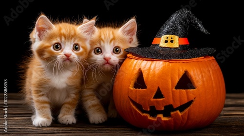 Two cute ginger kittens sitting on a wooden table, curiously watching a carved pumpkin with a witch hat on a black backdrop