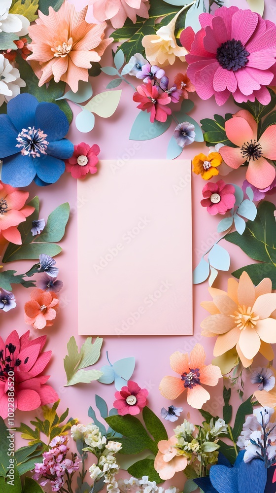 Photo of a blank card surrounded by cutout paper flowers and leaves on a pastel background, in a flat lay composition Photo of a blank card surrounded by cutout paper flowers and leaves on a pastel background, in a flat lay composition