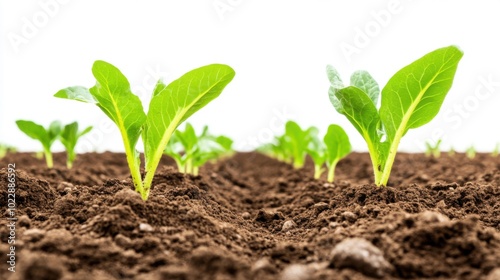 Fresh green seedlings sprouting from rich dark soil, white background. Crop, farm and agriculture.