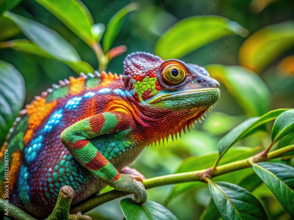 Fototapeta premium Vibrant Pied Chameleon Perched on Branch Surrounded by Lush Green Foliage in Natural Habitat