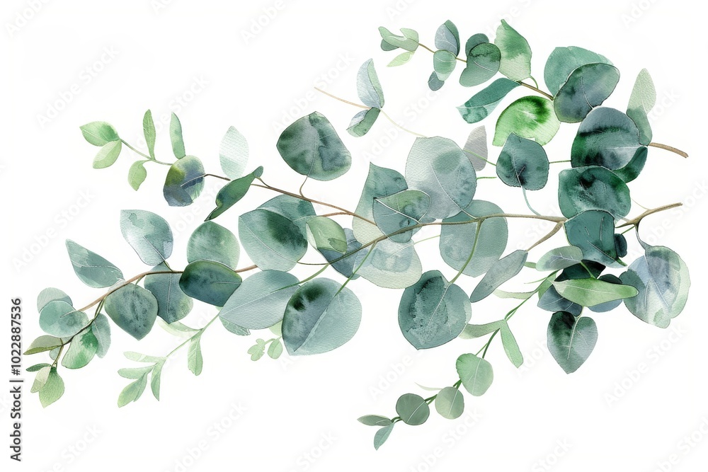 Obraz premium A collection of delicate eucalyptus leaves in various shades of green, beautifully arranged, creating a calming and natural aesthetic suitable for decoration or design projects.