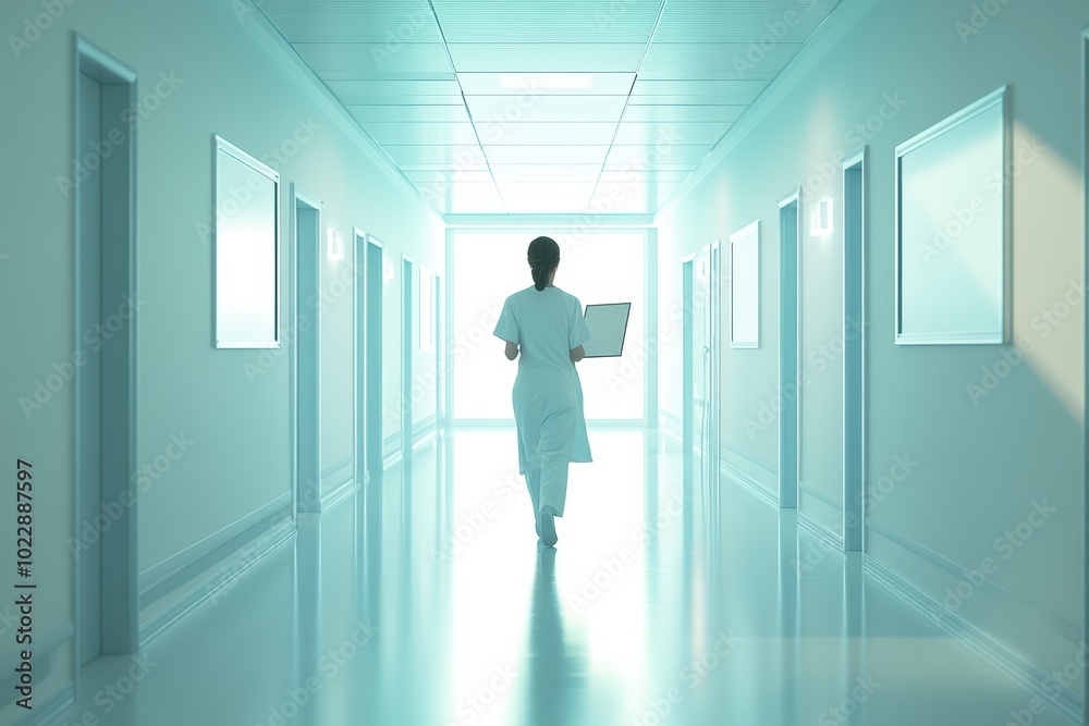 A woman in a white uniform walks down a hallway with a clipboard in her hand A woman in a white uniform walks down a hallway with a clipboard in her hand