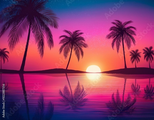 Sunset on tropical island sea beach panorama, ocean sunrise panoramic landscape
