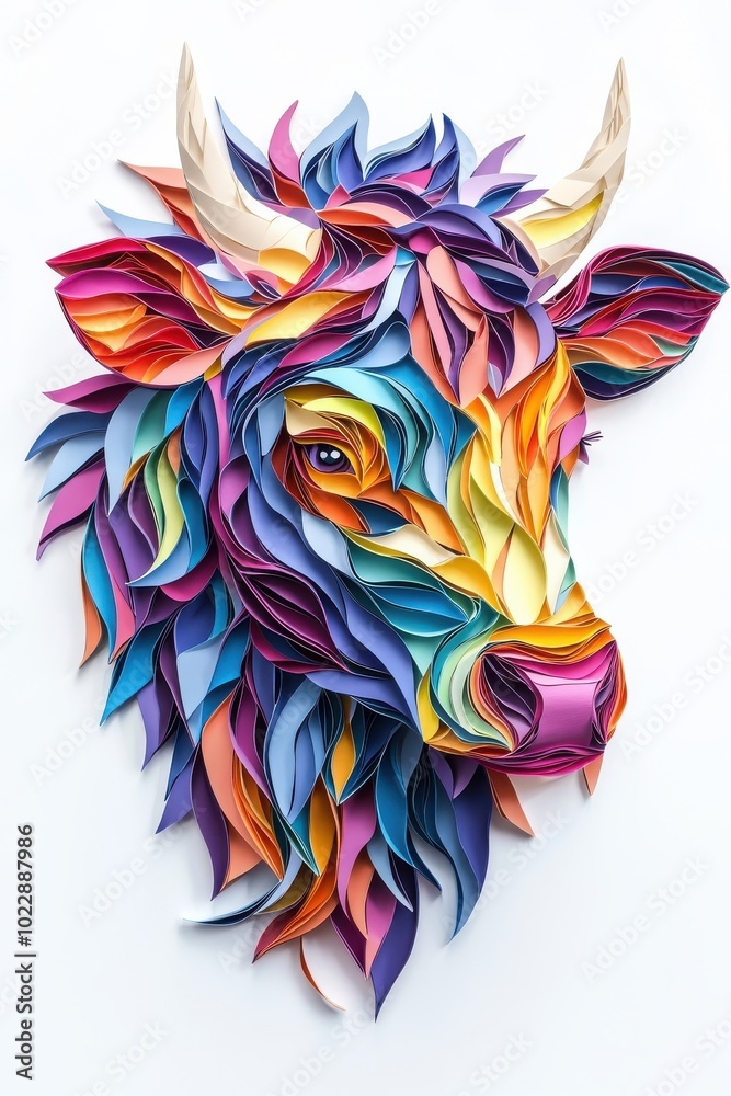 Fototapeta premium A multicolored paper art cow, isolate on white background, crafted with various paper textures and shades.