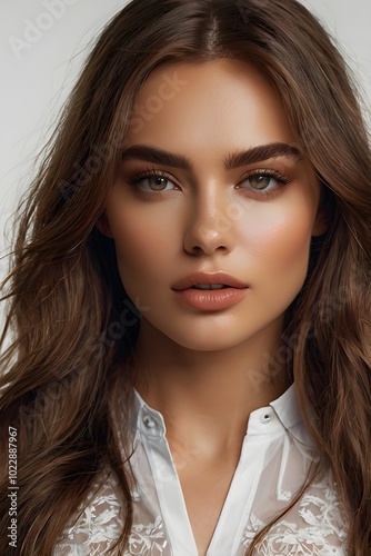 A beautiful woman with long brown hair in a white shirt, radiating with glowing skin in a soft, captivating portrait