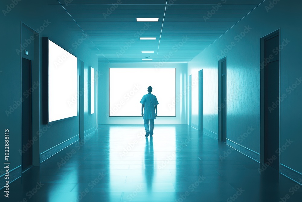 A man walks down a long, empty hallway A man walks down a long, empty hallway