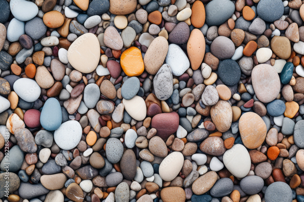 Naklejka premium Processed collage of beach shore pebbles surface texture. Background for banner, backdrop