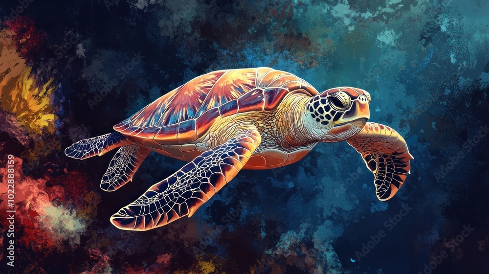 Fototapeta premium Sea Turtle in a Colorful Underwater World