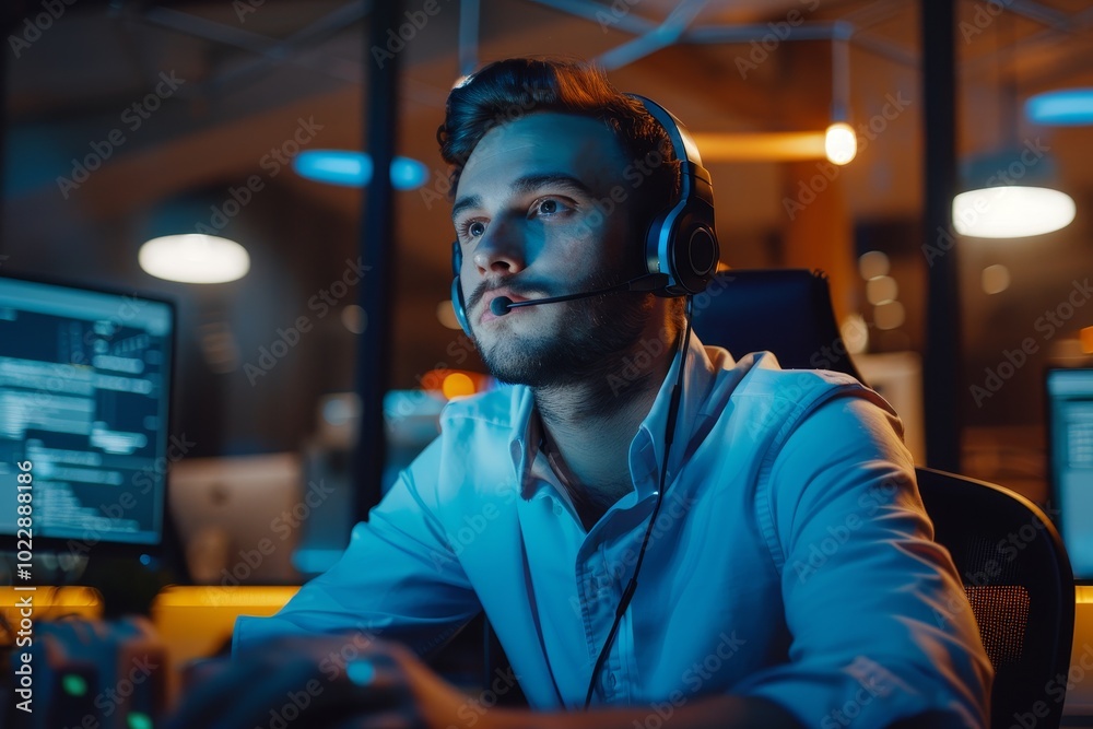 A dedicated technician, wearing a headset, engages with clients in a contemporary office, illuminated by computer screens, late at night.