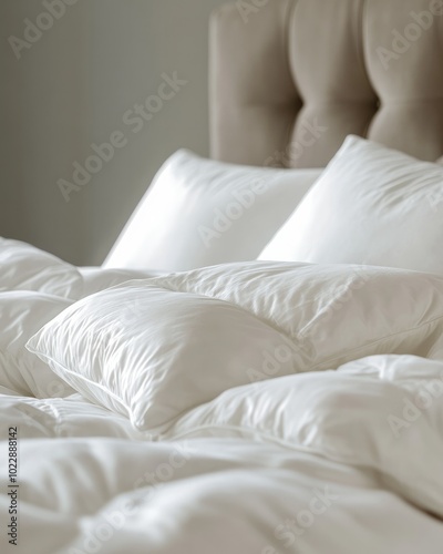 Made Duvets with White Pillows on Designer Bed, Close-Up Details