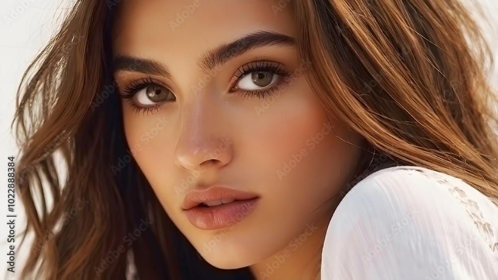 A captivating portrait of a young woman with brown hair and expressive eyes, showcasing her flawless skin and striking expression A captivating portrait of a young woman with brown hair and expressive eyes, showcasing her flawless skin and striking expression