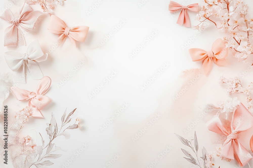 Pastel pink bows and florals on soft background Pastel pink bows and florals on soft background