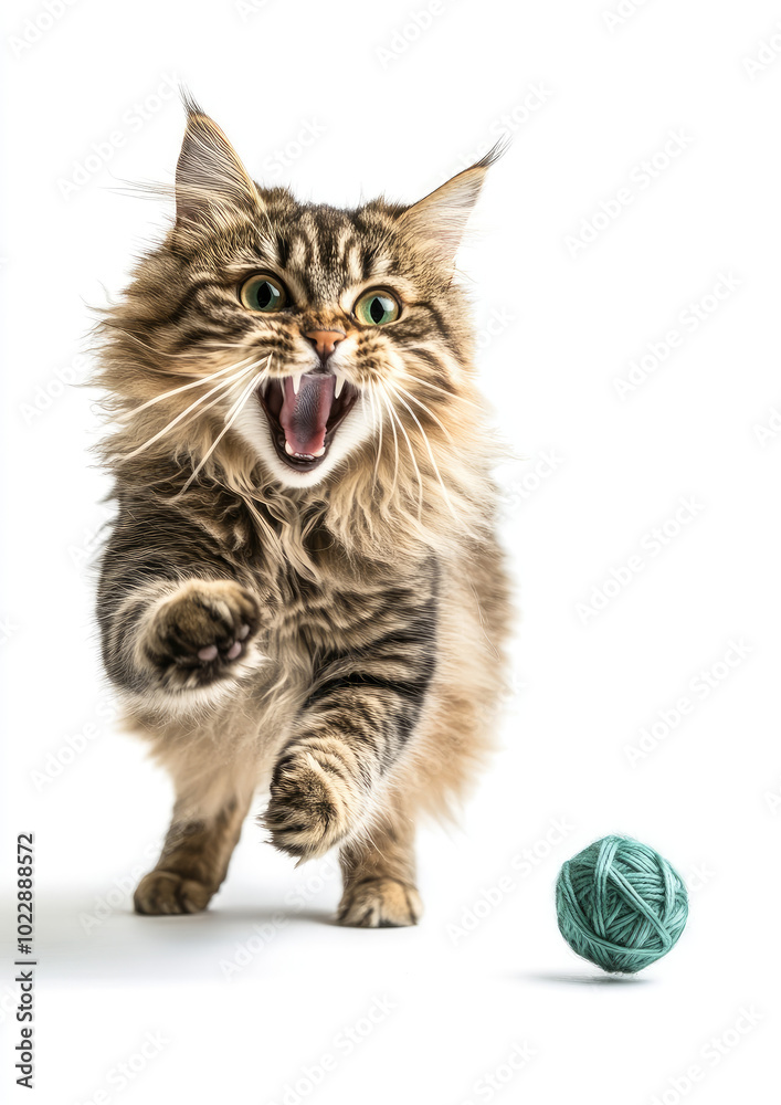Fototapeta premium Excited Fluffy Cat Chasing a Small Ball of Yarn with Playful Antics