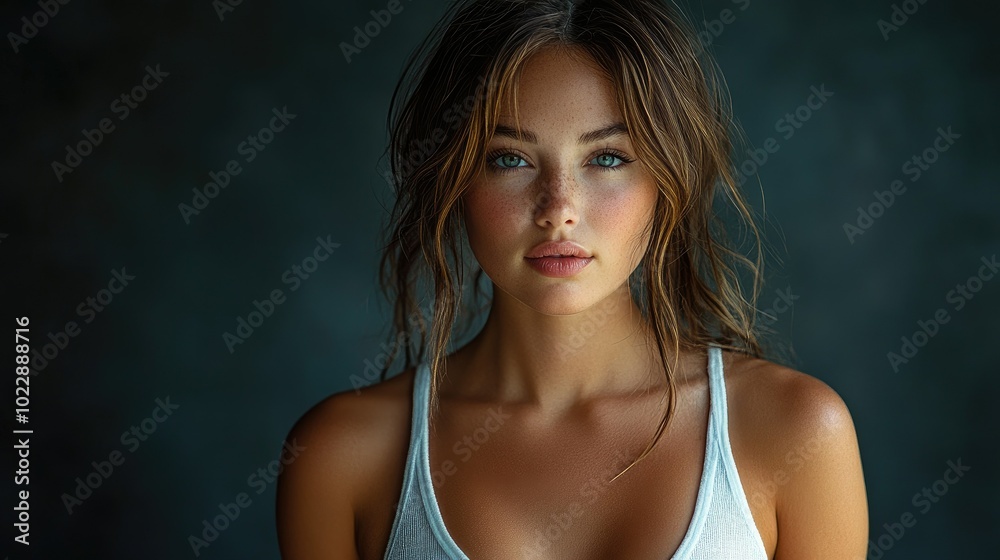 Beautiful woman in white T-shirt Female breast dark background