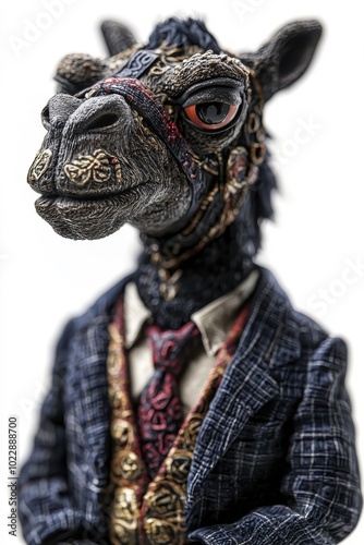 A camel in a suit, isolate on white background, presenting a unique and charming look.
