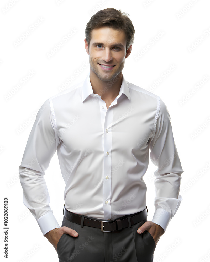 Man dressed in white shirt standing. isolated white Man dressed in white shirt standing. isolated white