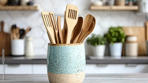 Cooking utensils in a ceramic holder placed on a kitchen island with copy space. Diffused natural light. Contemporary kitchen background