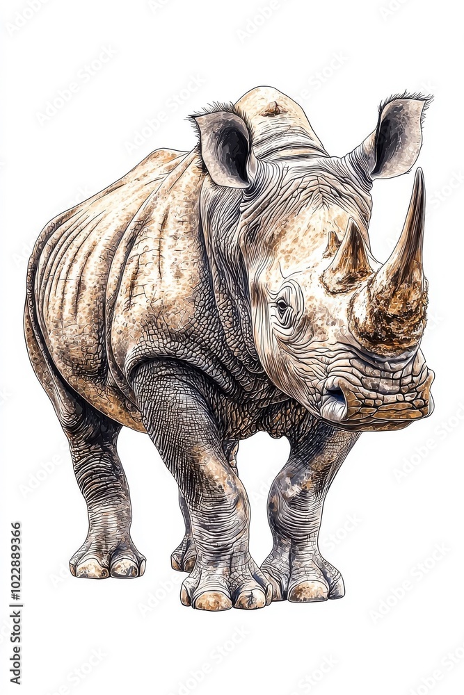 Fototapeta premium A rhinoceros standing proudly, isolate on white background, highlighting its impressive size and unique features.