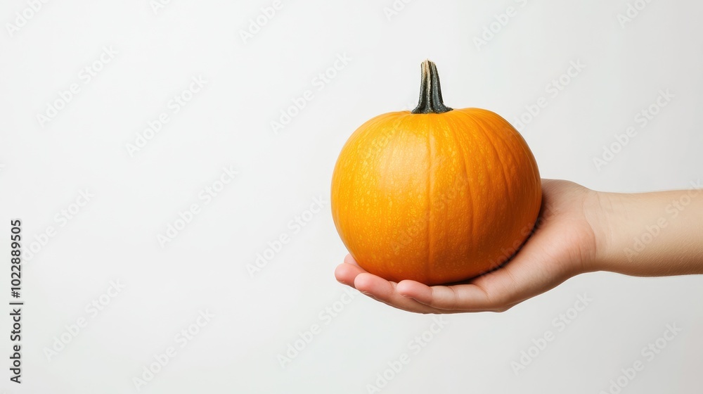 Studio shot of a hand holding a pumpkin on a white background Studio shot of a hand holding a pumpkin on a white background