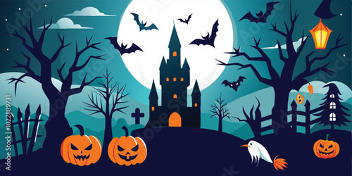Spooky Halloween Castle with Jack-o'-Lanterns and Bats