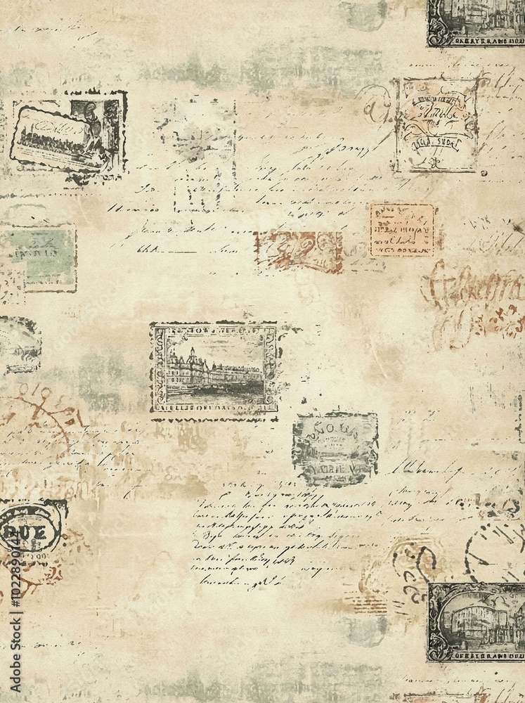 Fototapeta premium Vintage Parisian Elegance Texture with Script, Stamps