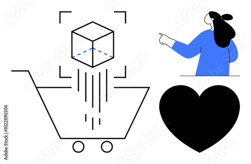 A person points to an augmented reality product above a shopping cart with a heart symbol. Ideal for online shopping, augmented reality, e-commerce, user engagement, and digital marketing. Minimalist