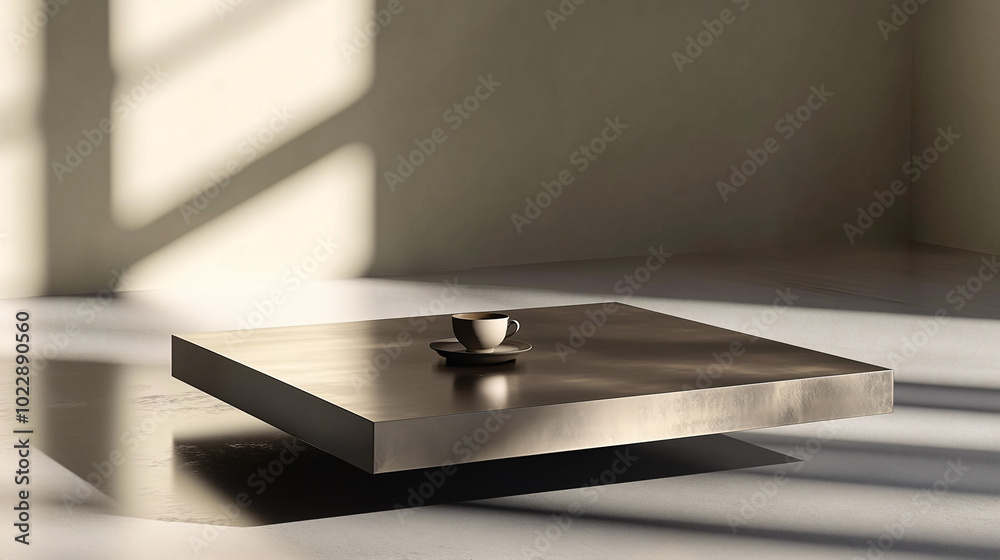 Fototapeta premium Metal coffee table with a single teacup placed at the center, surrounded by empty space